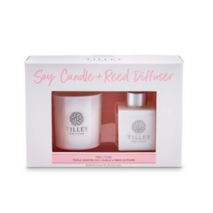 TILLEY CLASSIC WHITE PINK LYCHEE 160G CANDLE & 75ML REED DIFFUSER GIFT PACK